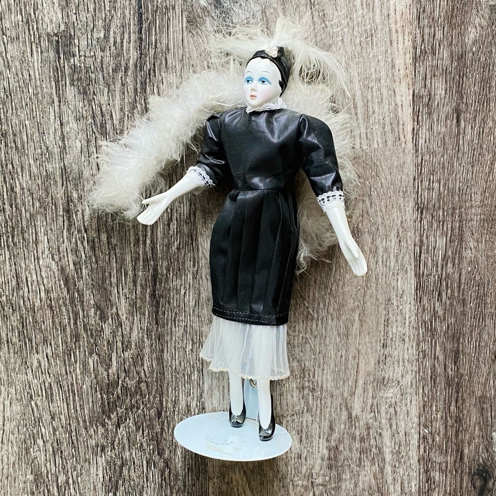 Porcelain doll stand retro collectible black white